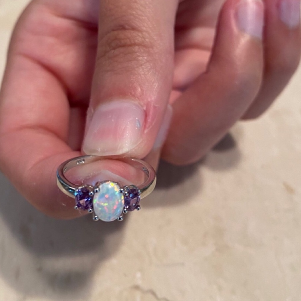 Sterling Silver Lab Created Opal Ring - Picture 9 of 16
